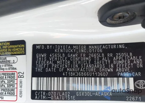 2006 Toyota Avalon Xls из США, поврежденный, VIN 4T1BK36B66U113607